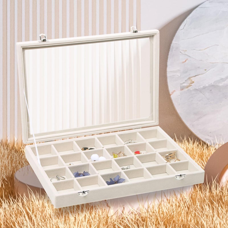 Stratalife Jewelry Organizer Jewelry Tray with Lid See-through Display Showcase Large Earring Organizer Velvet Storage Box for Earring Necklace Rings Dice Beige (24 Grids) - Image 3